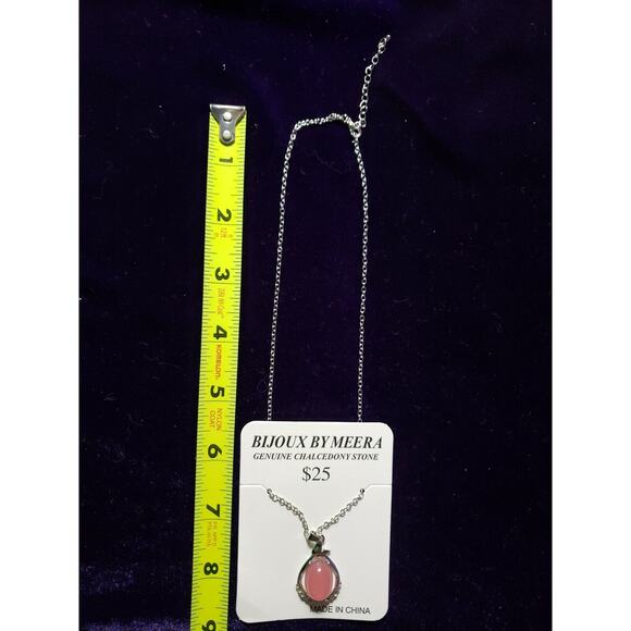 Bijoux by Meera Genuine Pink Chalcedony Stone Pendant Silver Tone Necklace, NWT - Picture 5 of 6